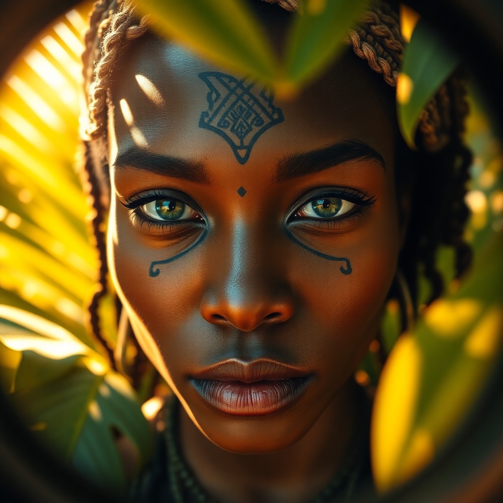 AI generated art for prompt: A photorealistic portrait showcases an African-American woman with radiant bronze skin and striking 