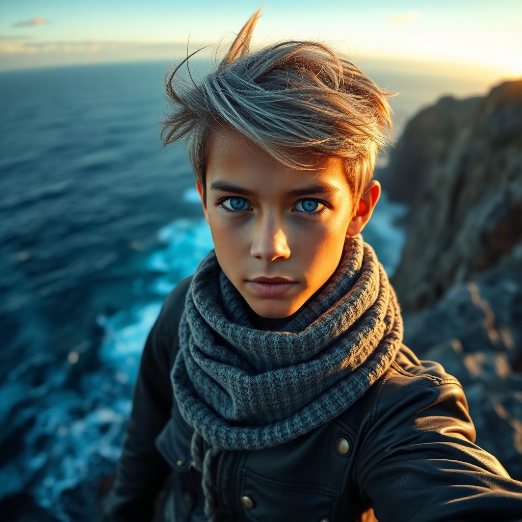 AI generated art for prompt: A super-realistic portrait showcases a Pacific Islander boy with piercing blue eyes and windswept gr