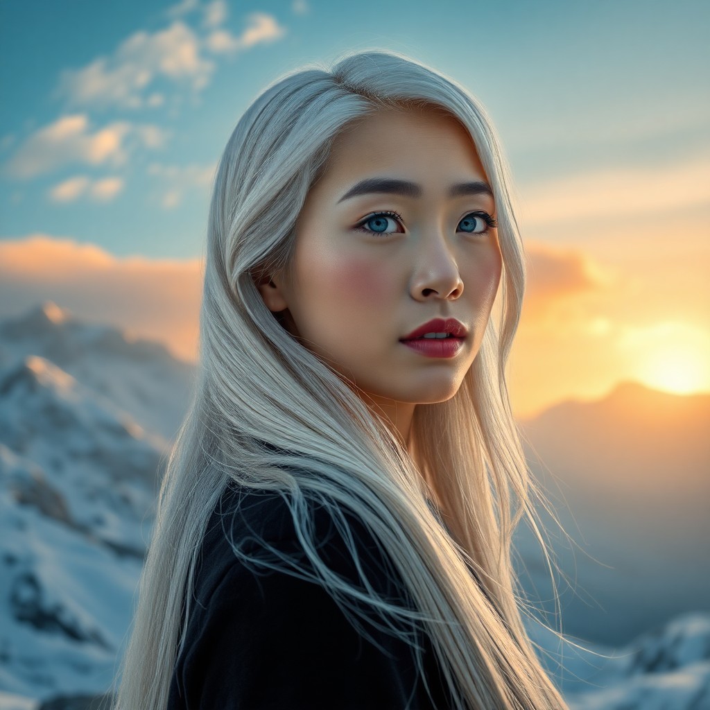 AI generated art for prompt: Envision an iPhone portrait capturing an enigmatic East Asian woman with striking ice-blue eyes and 