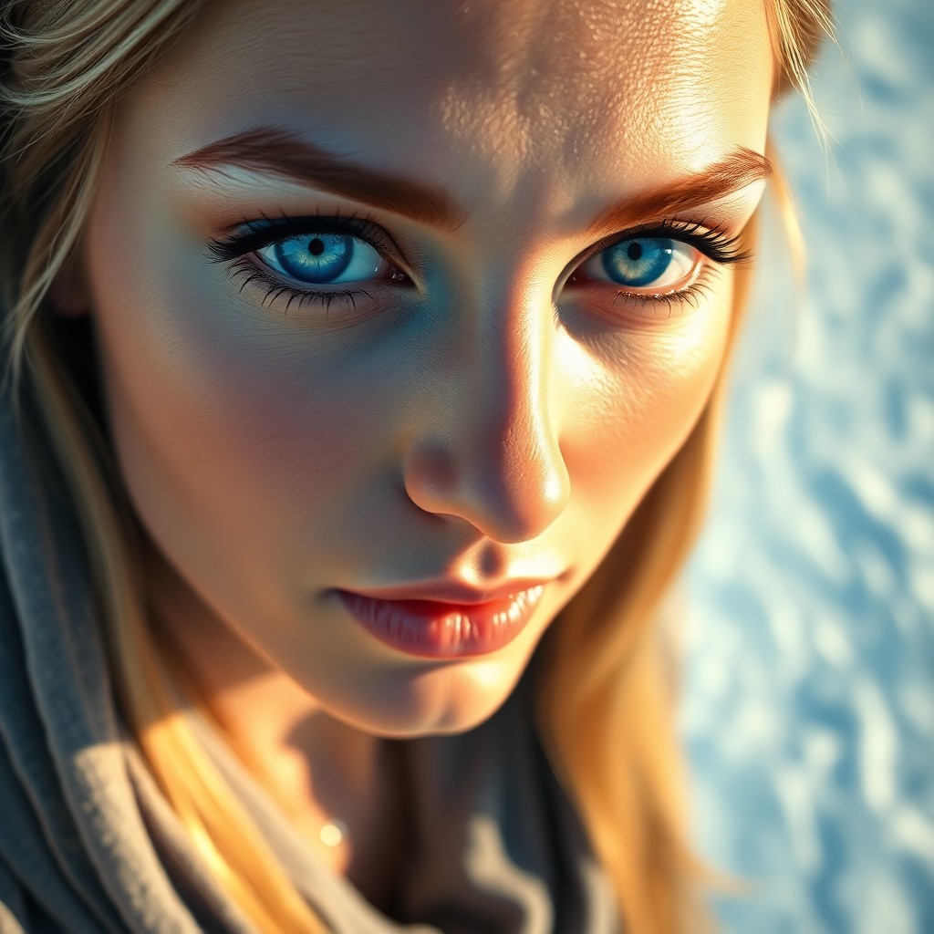 AI generated art for prompt: A photorealistic portrait of a Middle Eastern woman with striking blue eyes, golden hair, and fair s