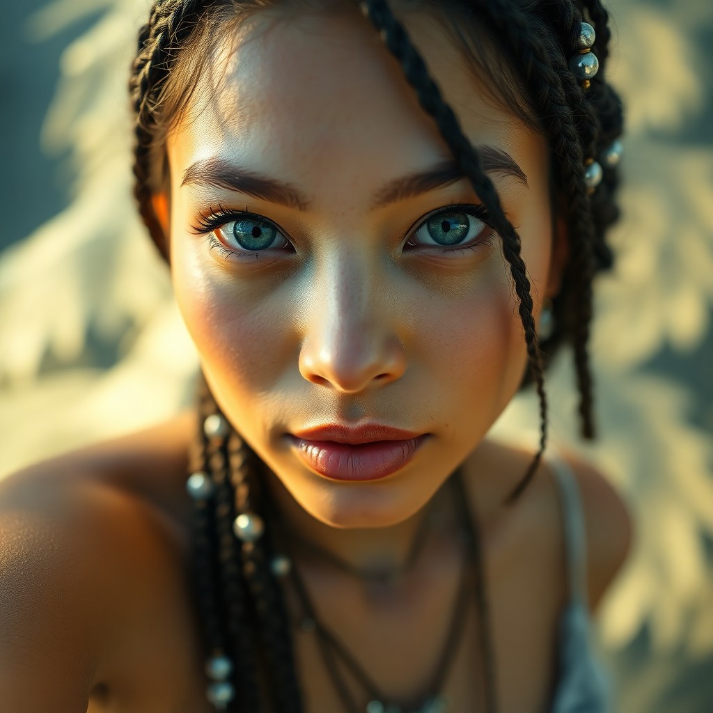 AI generated art for prompt: A photorealistic portrait photograph showcasing a Pacific Islander woman with captivating green eyes