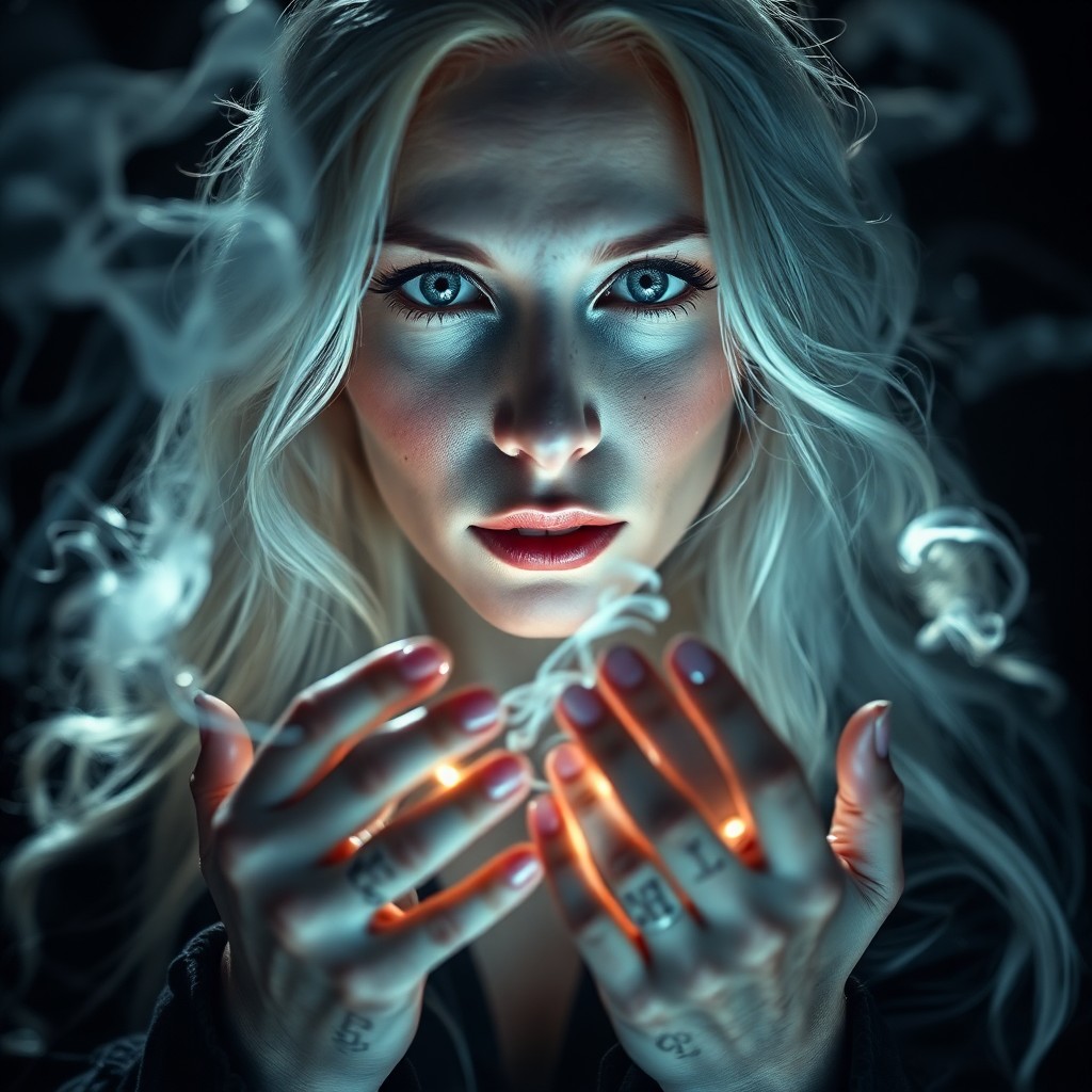 AI generated art for prompt: Create a captivating portrait of a Nordic sorceress with piercing blue eyes and flowing silver hair,