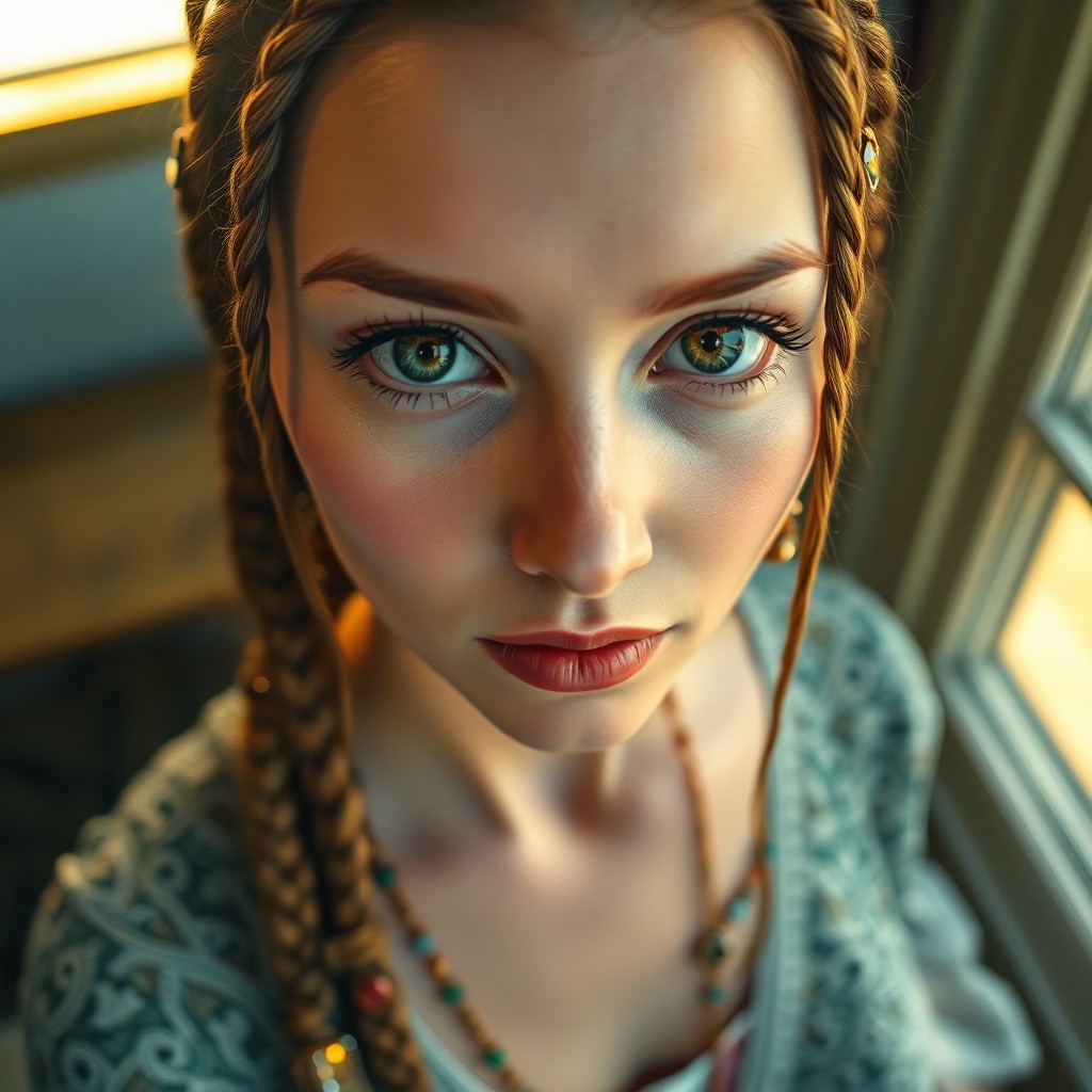 AI generated art for prompt: A photorealistic portrait photograph showcases an Eastern European woman's enigmatic allure with mes