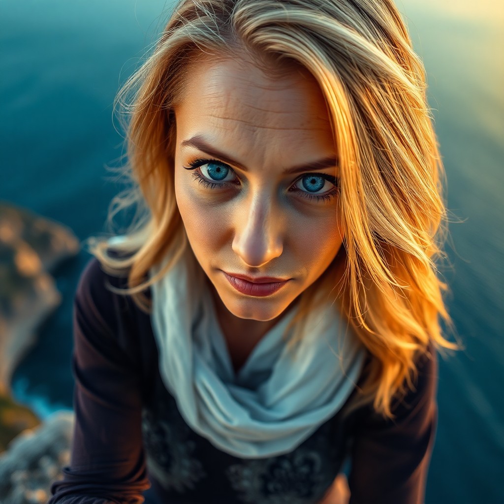 AI generated art for prompt: A Middle Eastern woman with striking blue eyes and golden-blonde hair sits on a cliff's edge, her tr