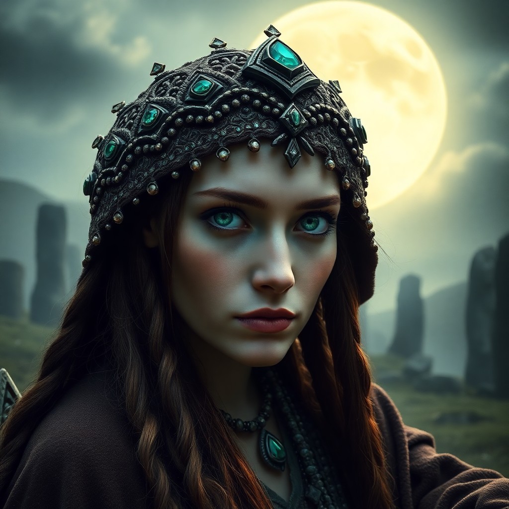 AI generated art for prompt: A portrait photograph reveals an ancient Celtic seer's enigmatic allure with piercing emerald eyes, 