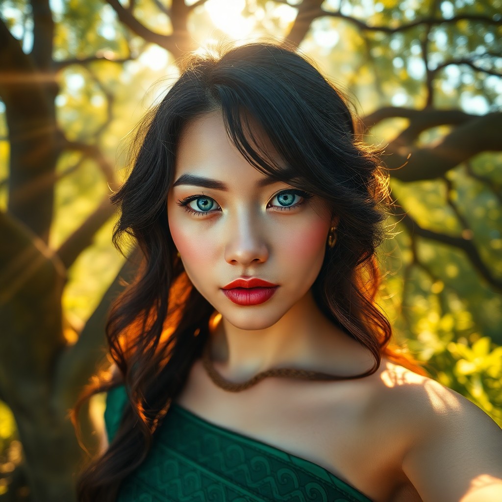 AI generated art for prompt: Photorealistic portrait photograph showcasing a Pacific Islander woman with piercing blue eyes and c