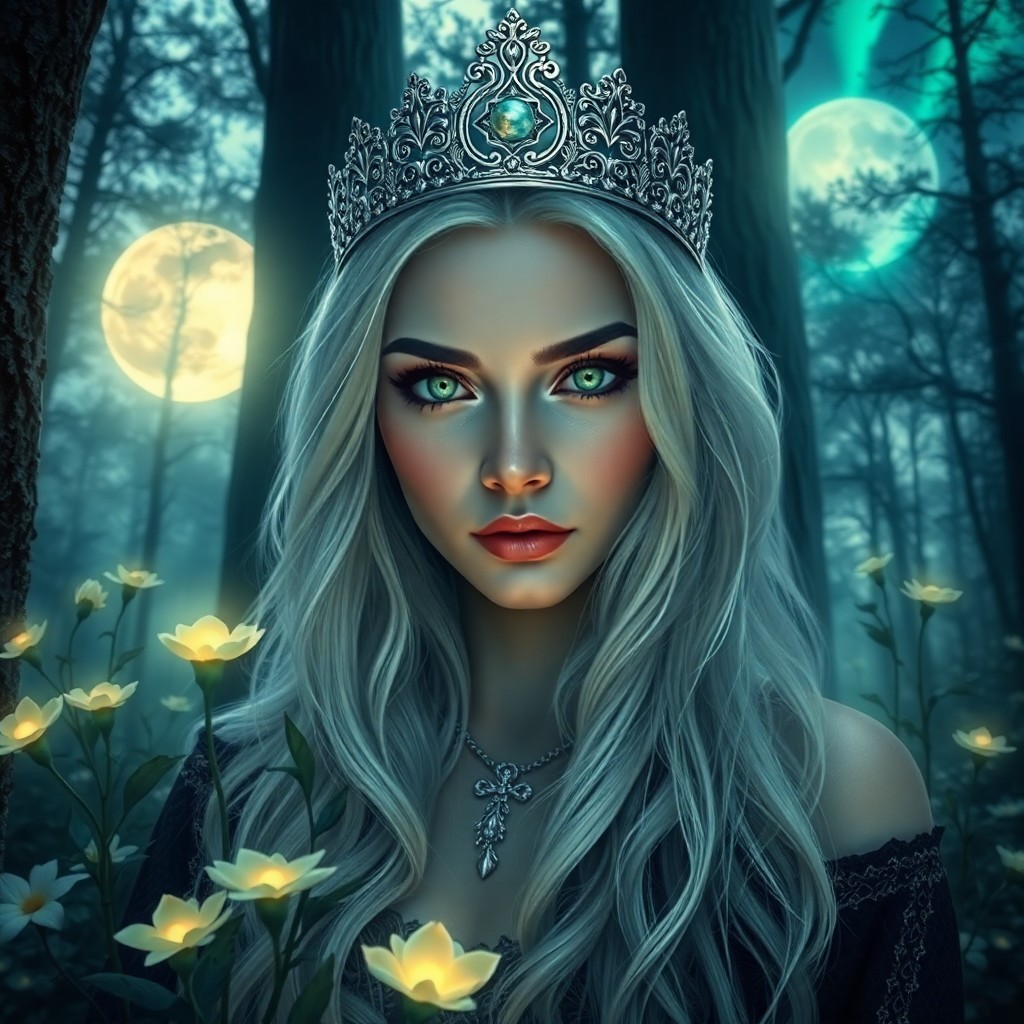 AI generated art for prompt: An iPhone portrait captures a Nordic sorceress' enigmatic presence with piercing emerald eyes and fl