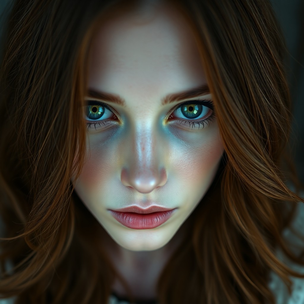 AI generated art for prompt: Craft a photorealistic portrait of an enigmatic Eastern European woman with intense green eyes and c