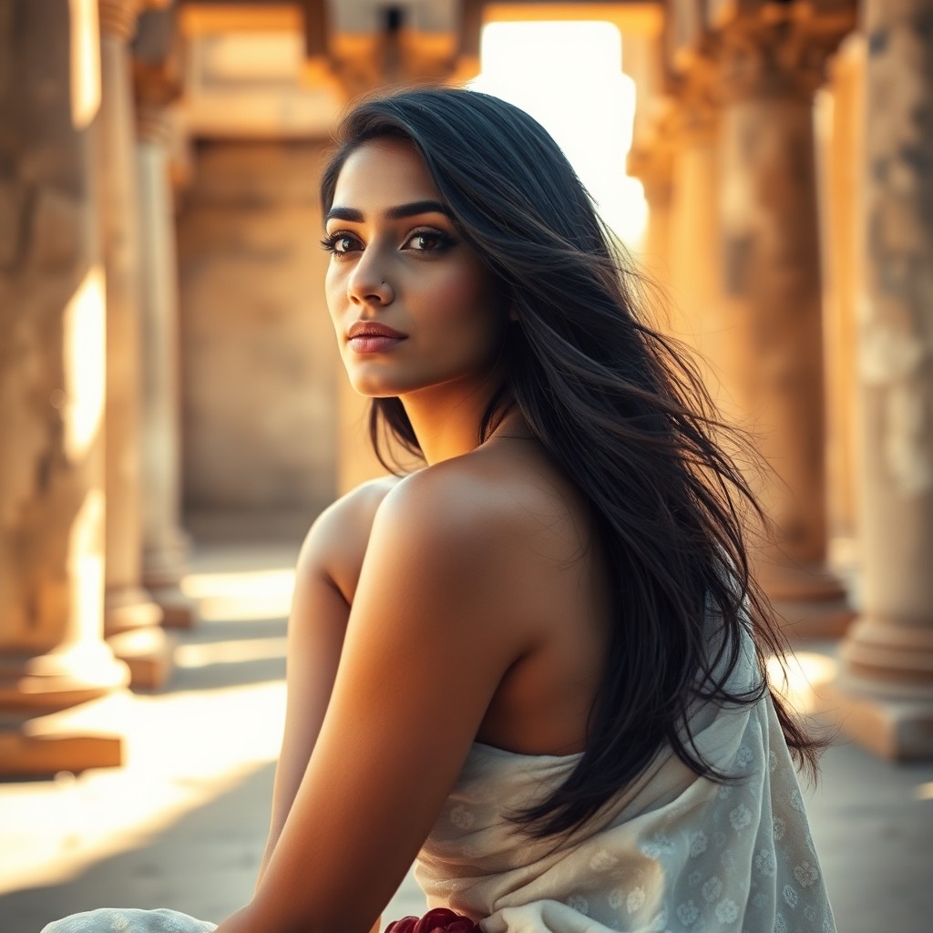 AI generated art for prompt: Craft a captivating portrait photograph of a South Asian woman with smooth olive skin and flowing bl