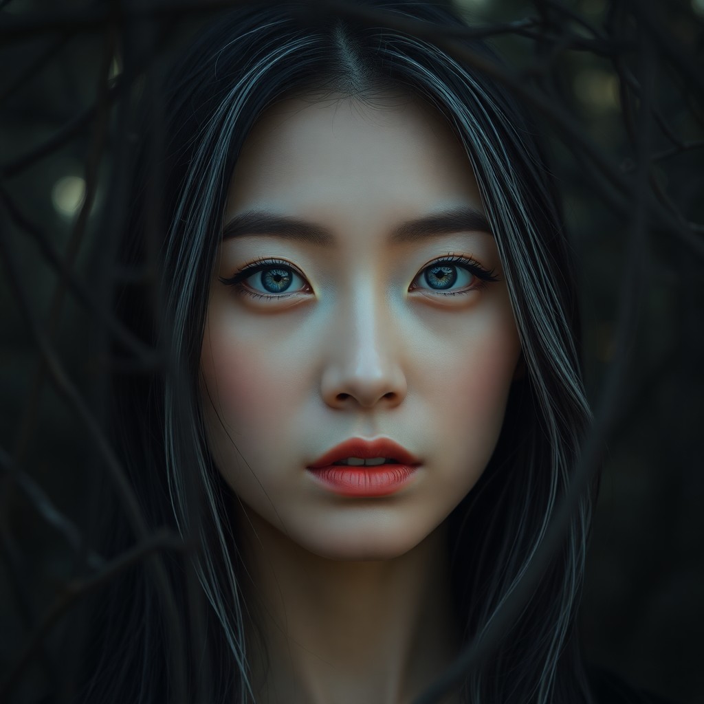 AI generated art for prompt: A portrait photograph of an East Asian woman with deep cerulean eyes and silver-streaked raven hair,