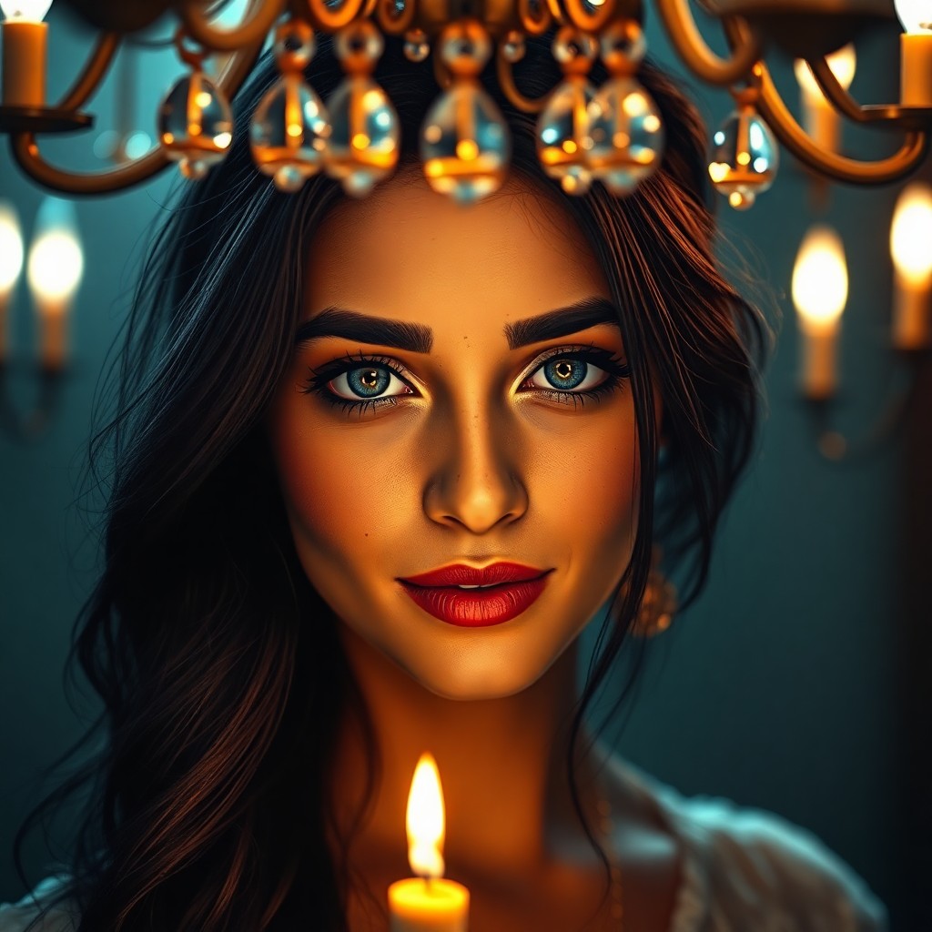 AI generated art for prompt: Photorealistic portrait of a Middle Eastern woman with captivating ice-blue eyes and cascading raven