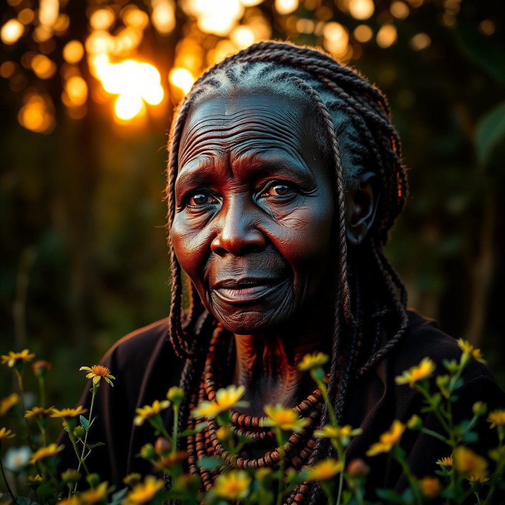 AI generated art for prompt: Imagine a portrait photograph of an African elder with warm amber eyes and silver braids. The soft g