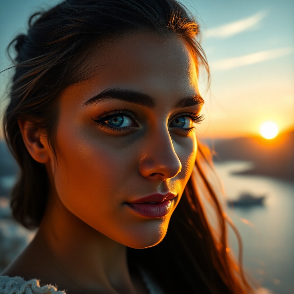 AI generated art for prompt: Craft a photorealistic portrait of a young Hispanic woman with mesmerizing ice-blue eyes, accentuate