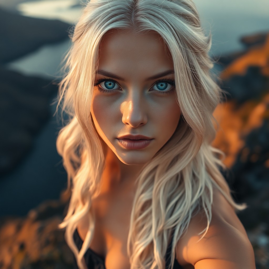 AI generated art for prompt: Imagine a serene portrait of a Slavic woman with piercing azure eyes and silvery-white hair cascadin