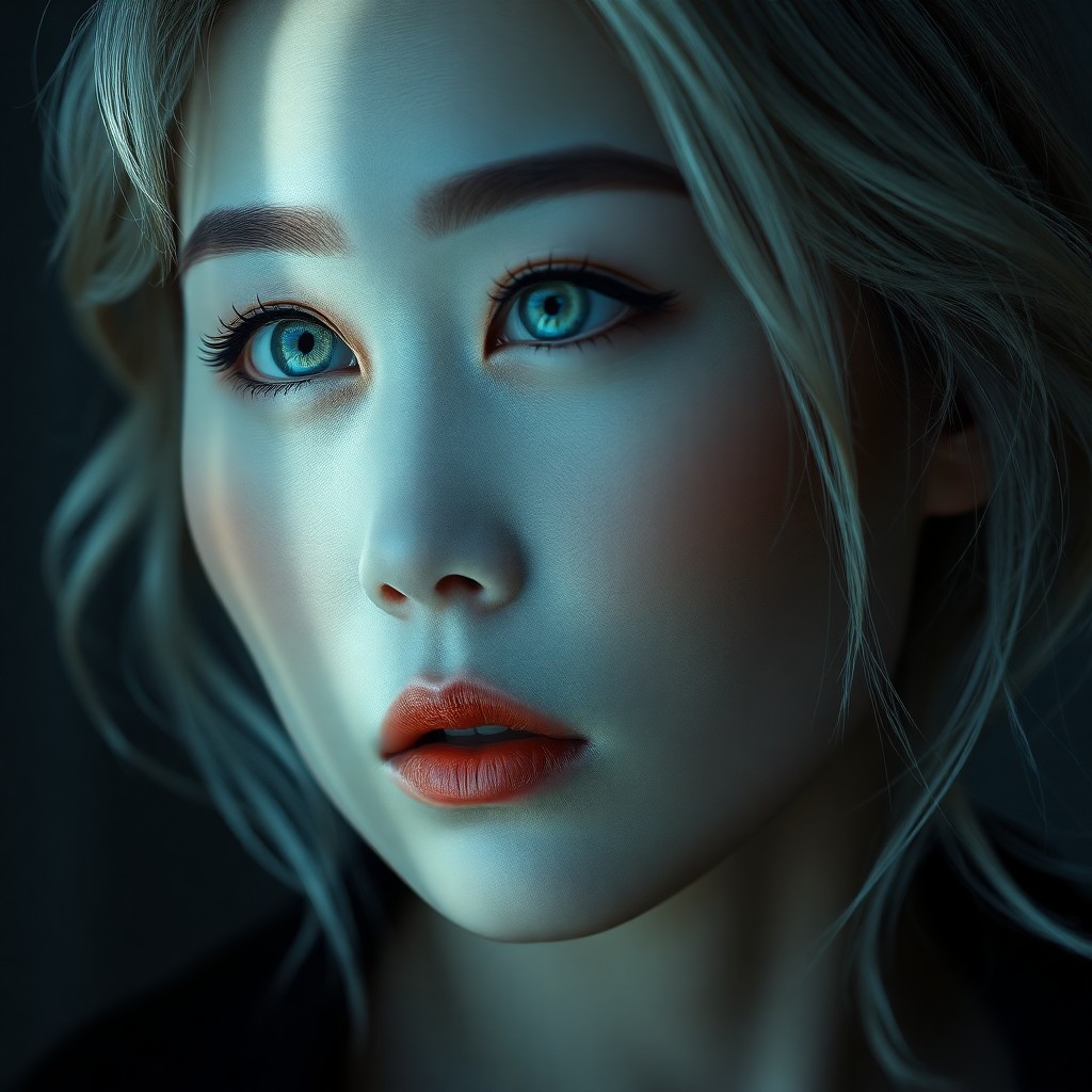 AI generated art for prompt: Craft a hyper-realistic portrait showcasing an East Asian woman with striking ice-blue eyes and porc