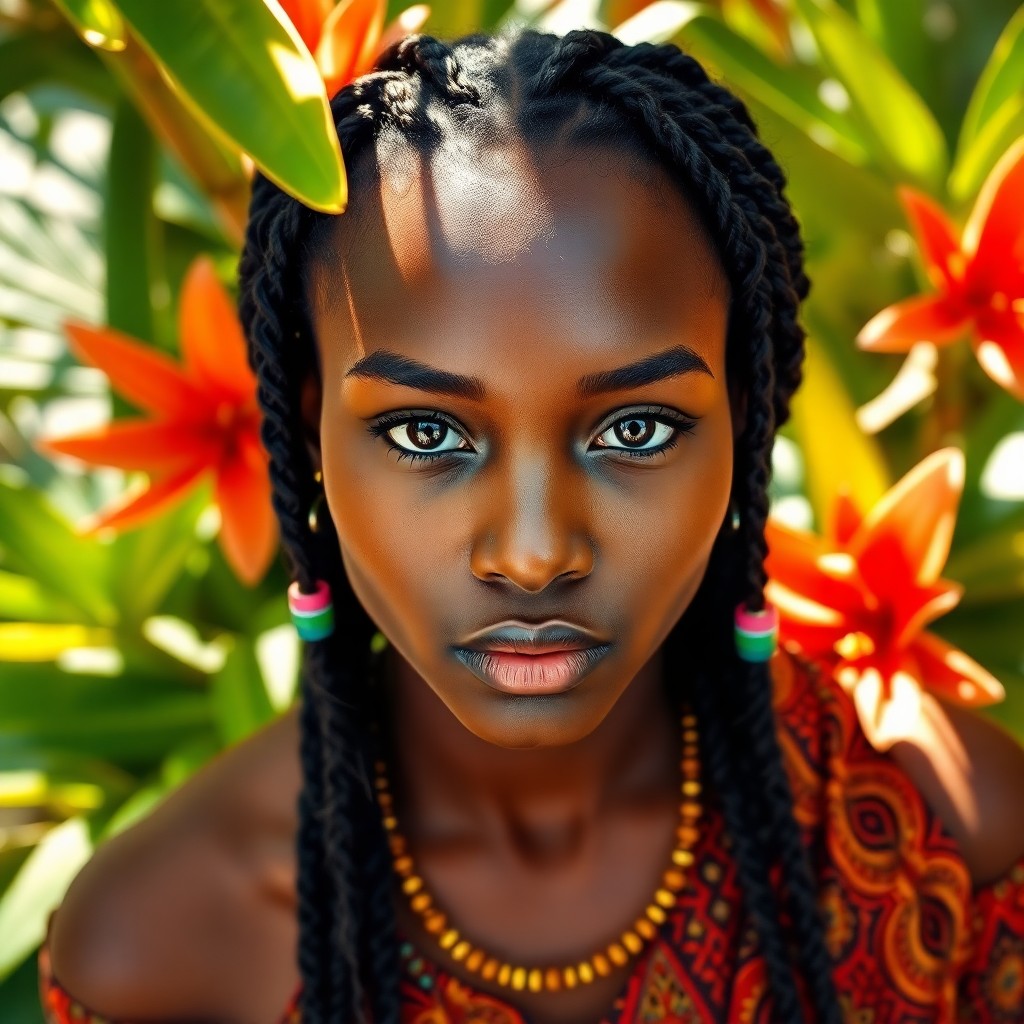 AI generated art for prompt: Imagine a photorealistic portrait of a young African woman with warm almond-shaped brown eyes and in