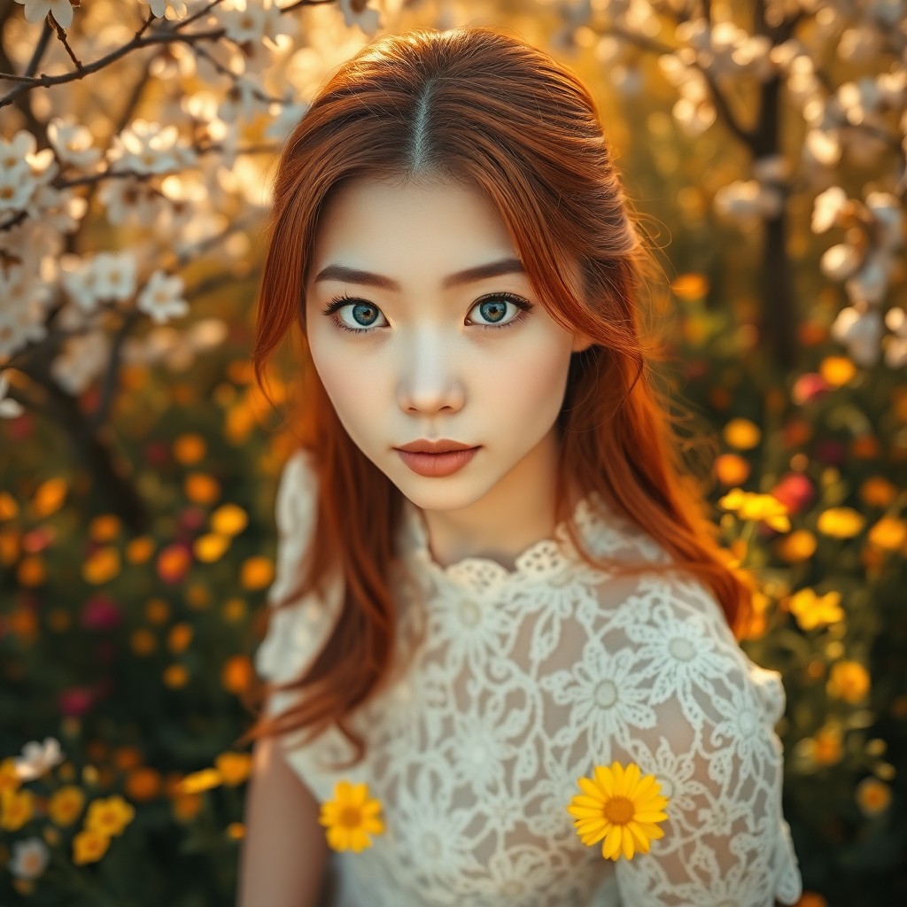 AI generated art for prompt: An ultrarealistic portrait depicts an East Asian woman with piercing blue eyes and auburn hair, her 