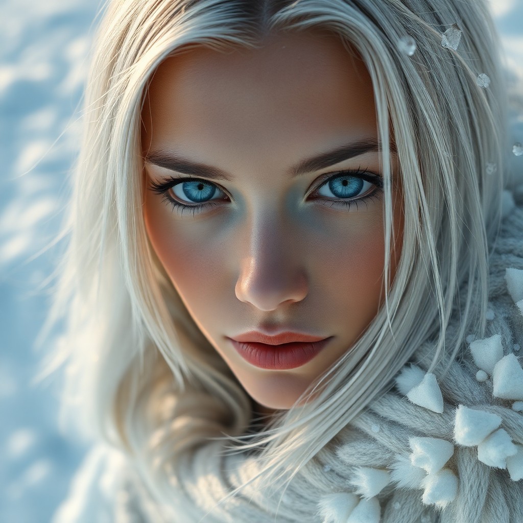 AI generated art for prompt: A photorealistic portrait showcases a Hispanic woman's piercing blue eyes and silvery blonde hair, i