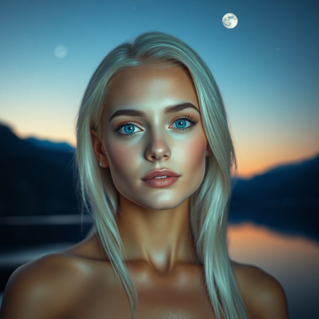 AI generated art for prompt: Imagine a serene Hispanic woman with piercing blue eyes and silky platinum hair captured in an iPhon