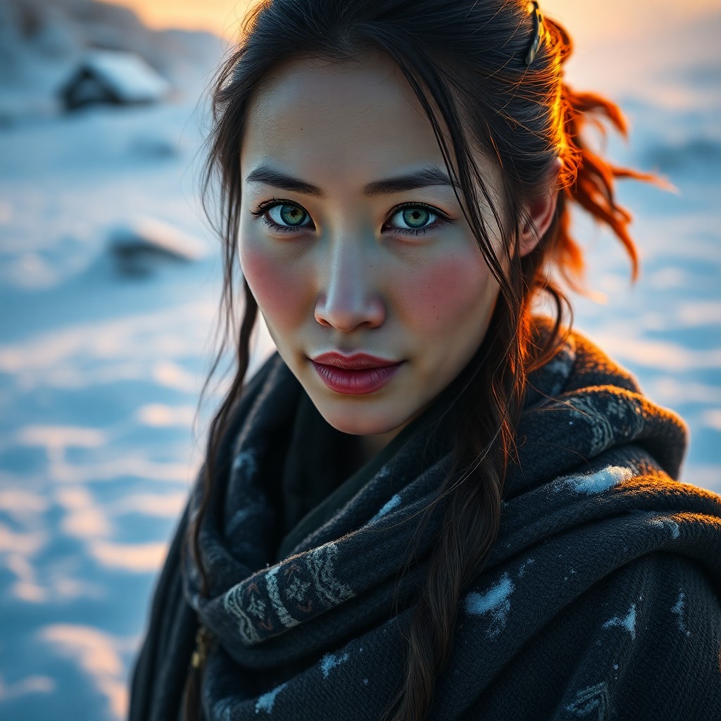 AI generated art for prompt: Craft a super-realistic portrait of an East Asian woman with piercing green eyes and fair skin, bear