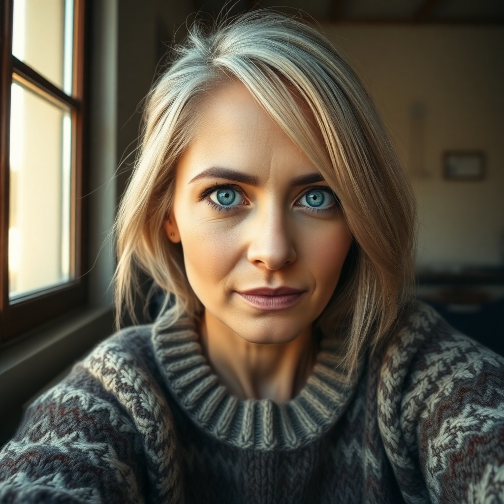 AI generated art for prompt: Craft a photorealistic portrait of a Hispanic woman with piercing blue eyes and ash-blonde hair, cap