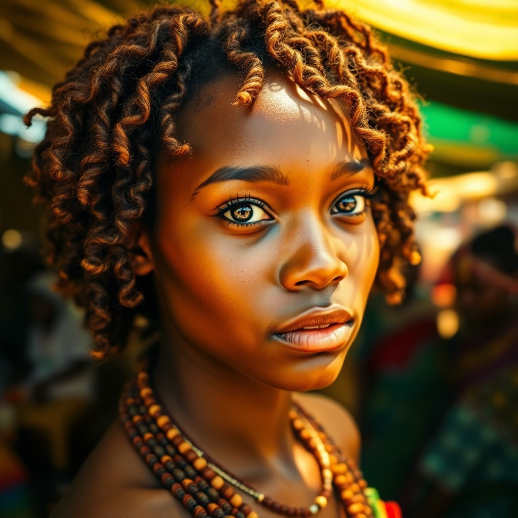 AI generated art for prompt: Envision a captivating portrait photograph showcasing an enigmatic young African woman with warm hon