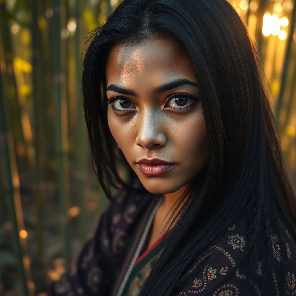 AI generated art for prompt: A photorealistic portrait photograph captures a South Asian woman's intense gaze, her deep brown eye