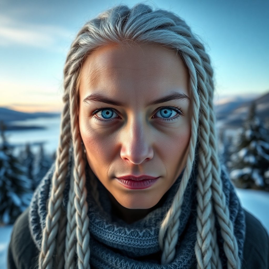 AI generated art for prompt: Craft a photorealistic smartphone portrait of a stoic Pacific Islander woman with striking ice-blue 