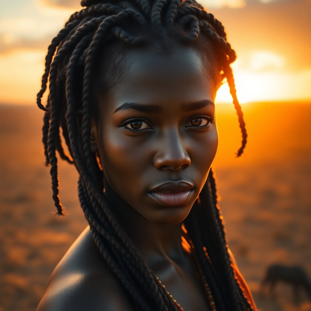 AI generated art for prompt: Create a photorealistic portrait of an enigmatic African woman in her mid-30s with warm brown eyes a