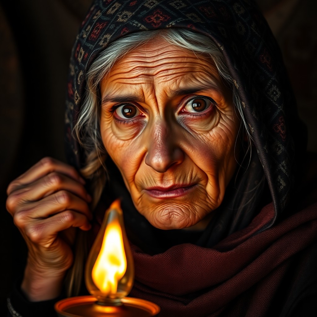 AI generated art for prompt: Craft a photorealistic portrait photograph showcasing an elderly Middle Eastern woman with deep brow