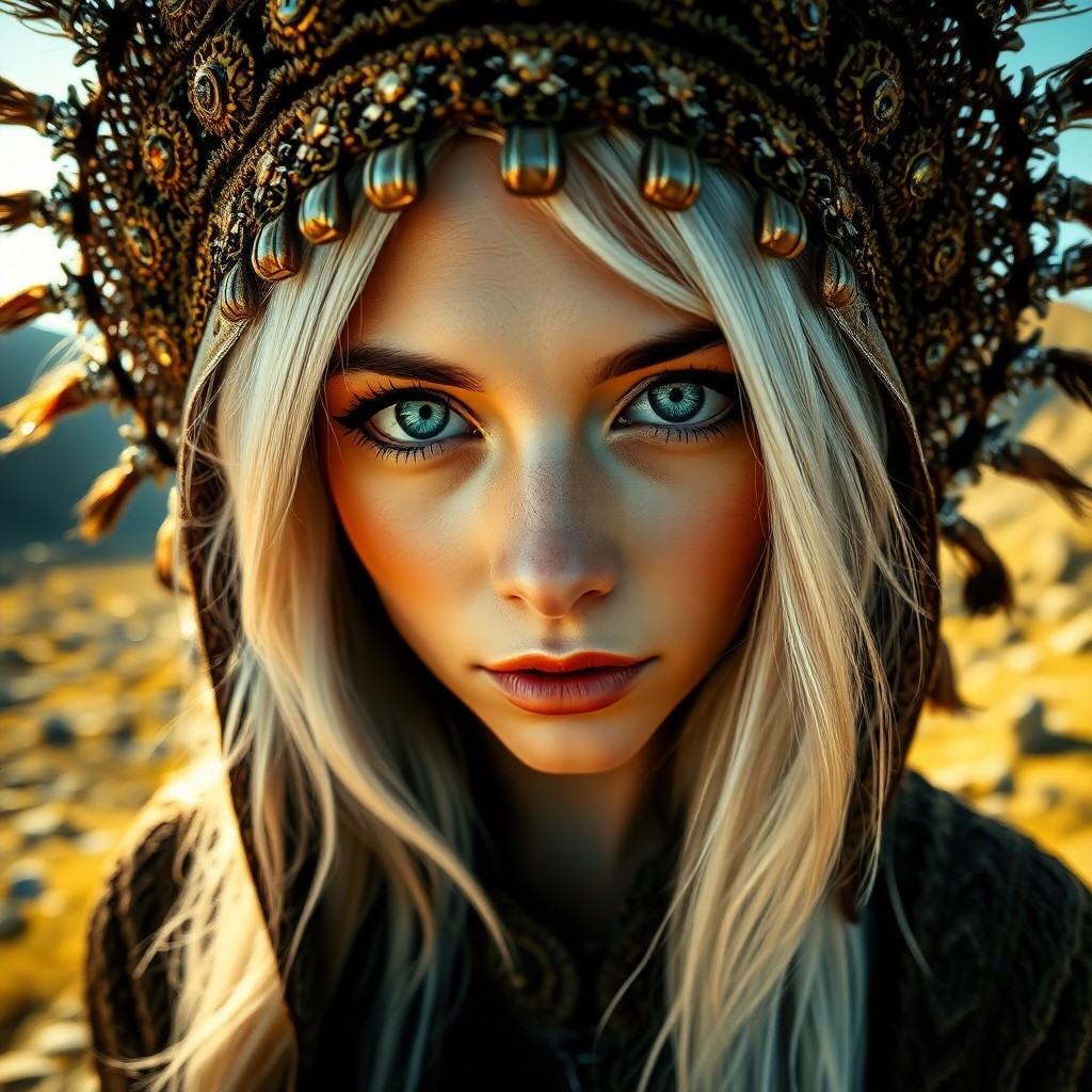 AI generated art for prompt: A captivating portrait photograph reveals an enigmatic Slavic woman with piercing ice-blue eyes and 