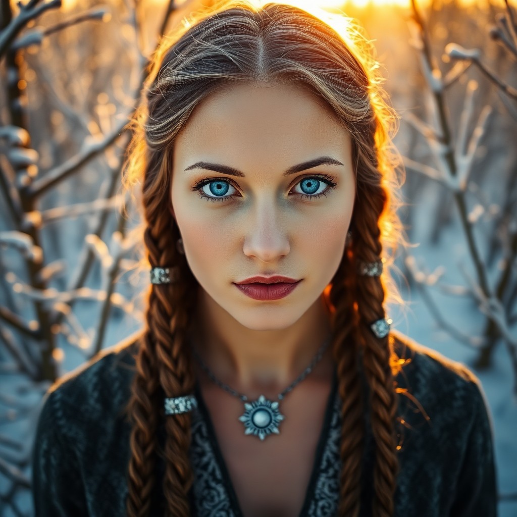 AI generated art for prompt: A photorealistic portrait photograph captures a Slavic woman with fair skin and striking blue eyes, 