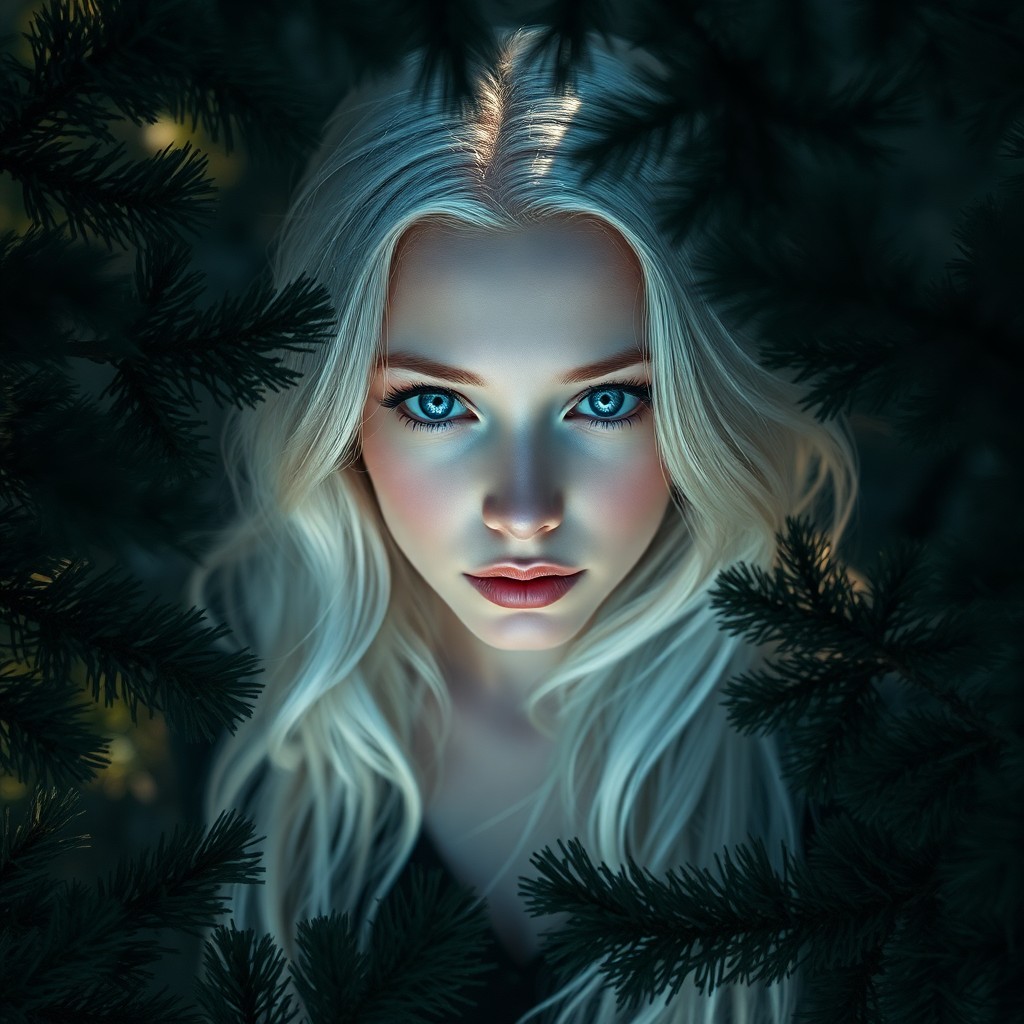 AI generated art for prompt: Envision a portrait photograph of a Nordic woman exuding serene beauty with icy blue eyes and silver