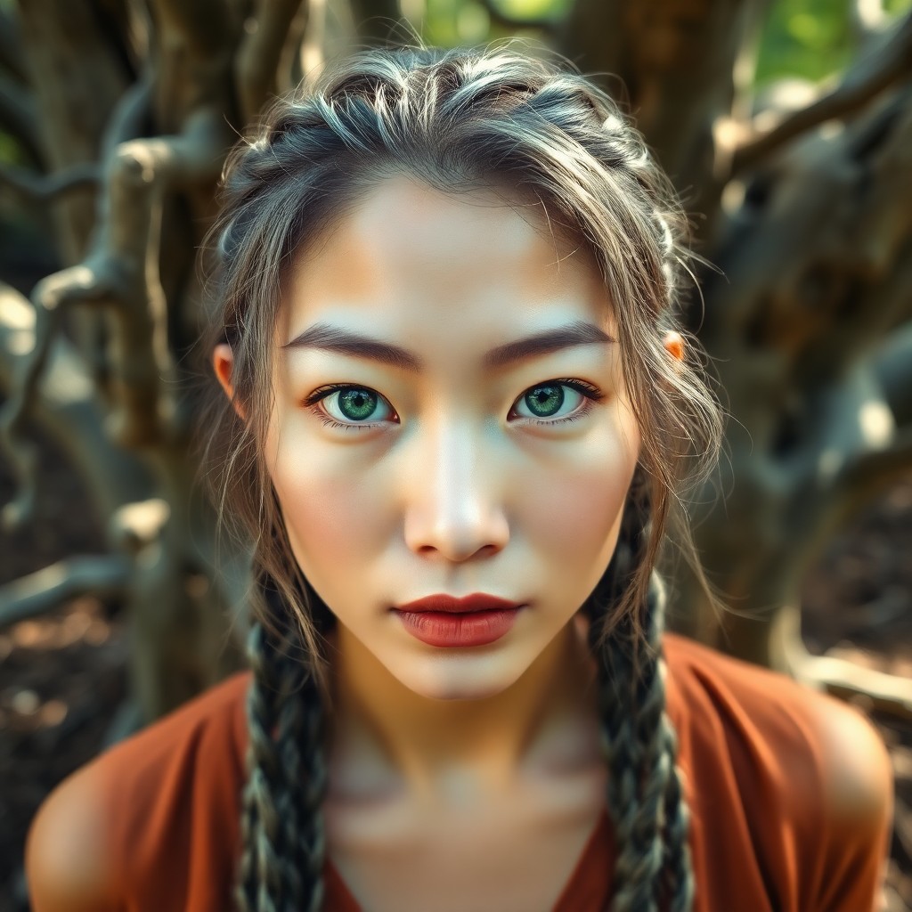 AI generated art for prompt: A portrait photograph captures an East Asian woman's piercing emerald gaze, her face framed by silve