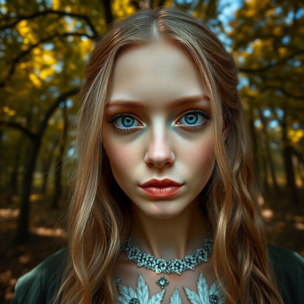 AI generated art for prompt: Craft a hyper-realistic portrait showcasing a European woman's piercing blue eyes and long golden lo