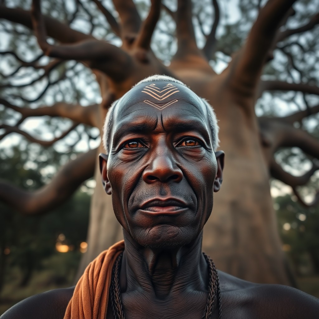 AI generated art for prompt: A photorealistic portrait photograph presents a wise African elder with smooth, dark skin and amber 