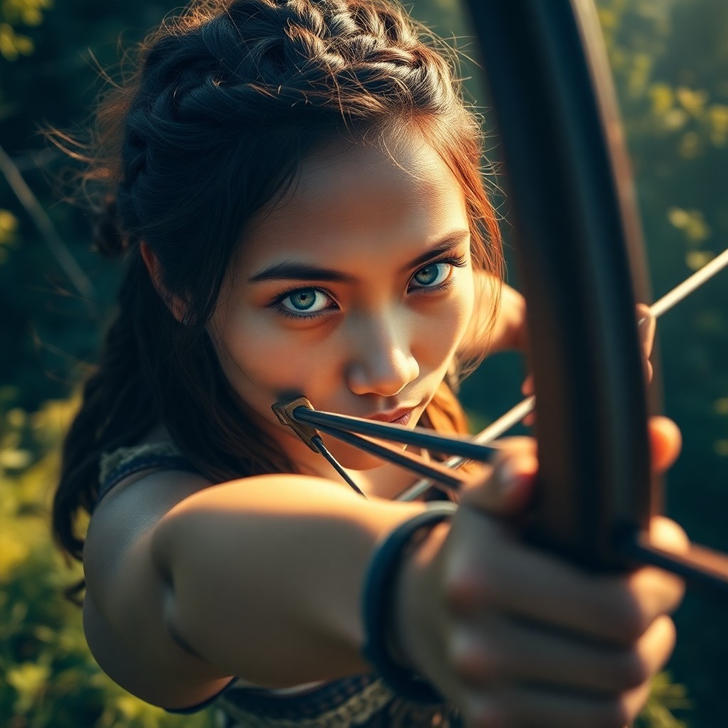 AI generated art for prompt: Imagine a DSLR portrait photo capturing the essence of a Pacific Islander female archer with strikin