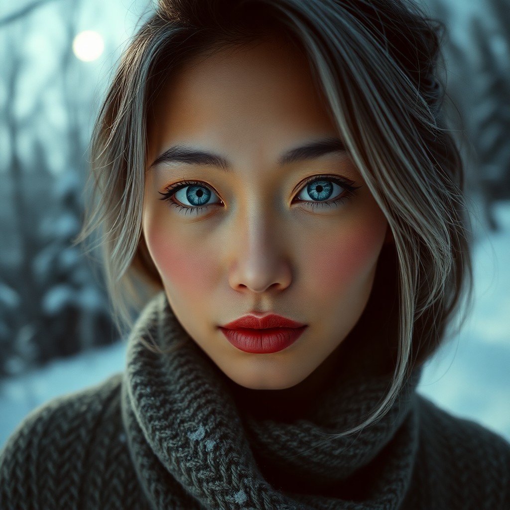 AI generated art for prompt: Imagine a film camera portrait of a Pacific Islander woman with captivating ice-blue eyes, captured 