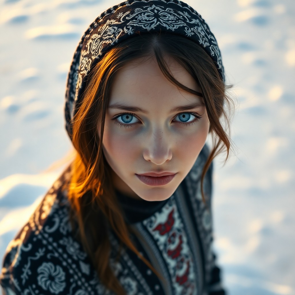 AI generated art for prompt: A film camera captures a serene Slavic woman with soft blue eyes and an introspective gaze. She stan