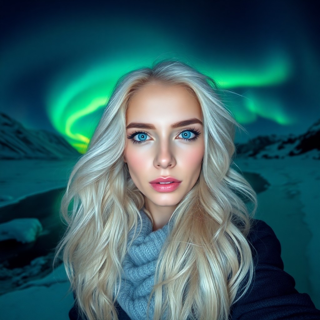 AI generated art for prompt: Envision an enigmatic Hispanic woman with piercing blue eyes and long, platinum blonde hair flowing 