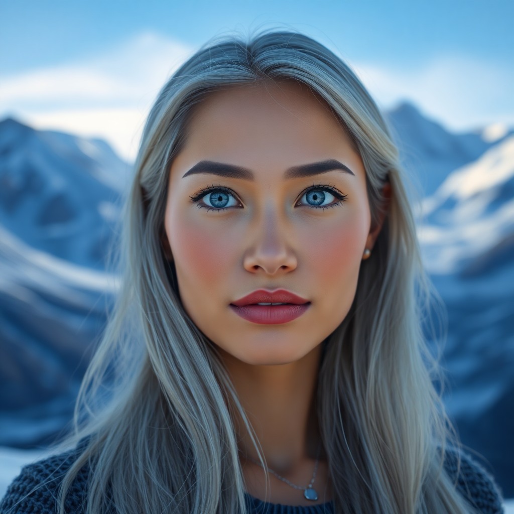 AI generated art for prompt: A photorealistic portrait of a South Asian woman with ice-blue eyes and silver hair cascading to her