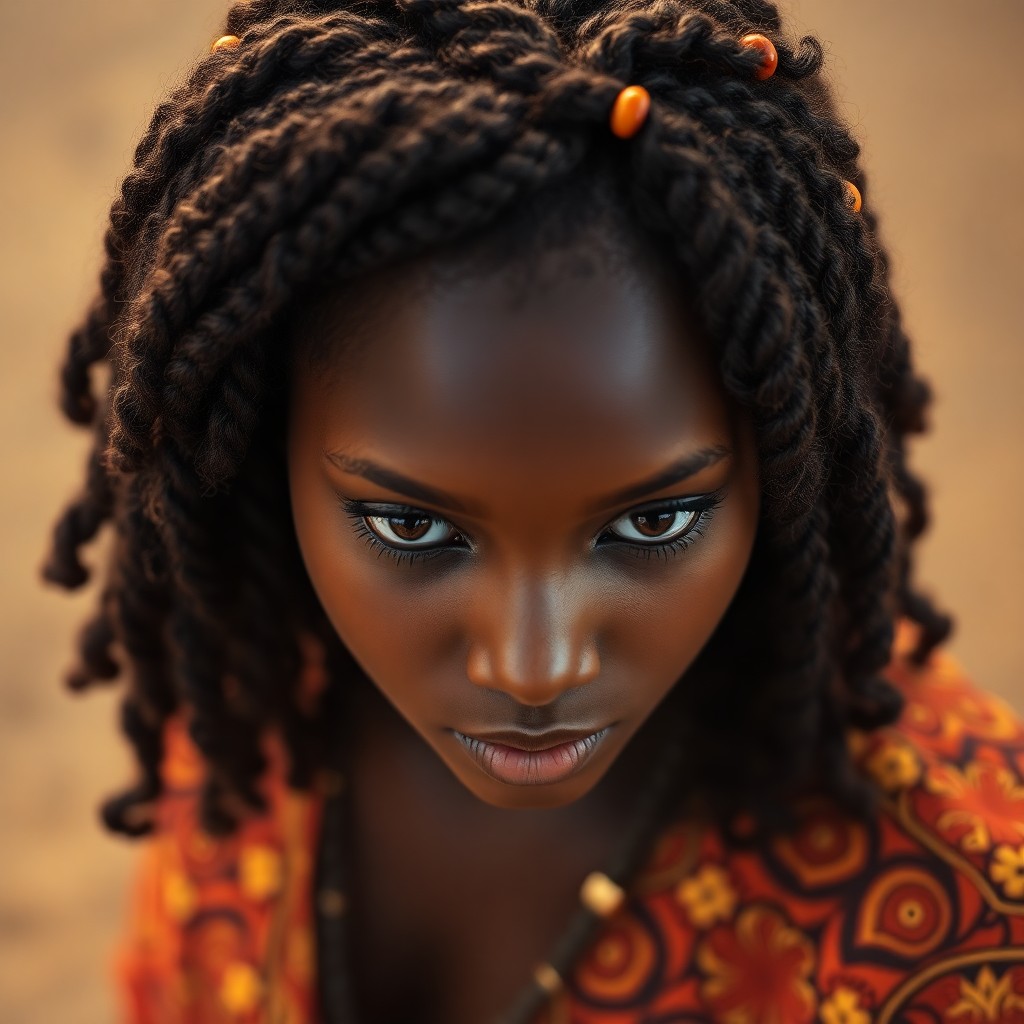 AI generated art for prompt: An iPhone portrait captures a young African woman with smooth cocoa skin and striking amber eyes. He