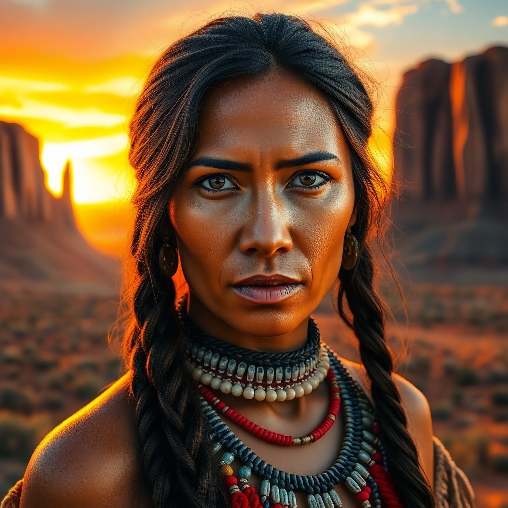 AI generated art for prompt: Photorealistic portrait of a Native American woman with piercing brown eyes and adorned in intricate