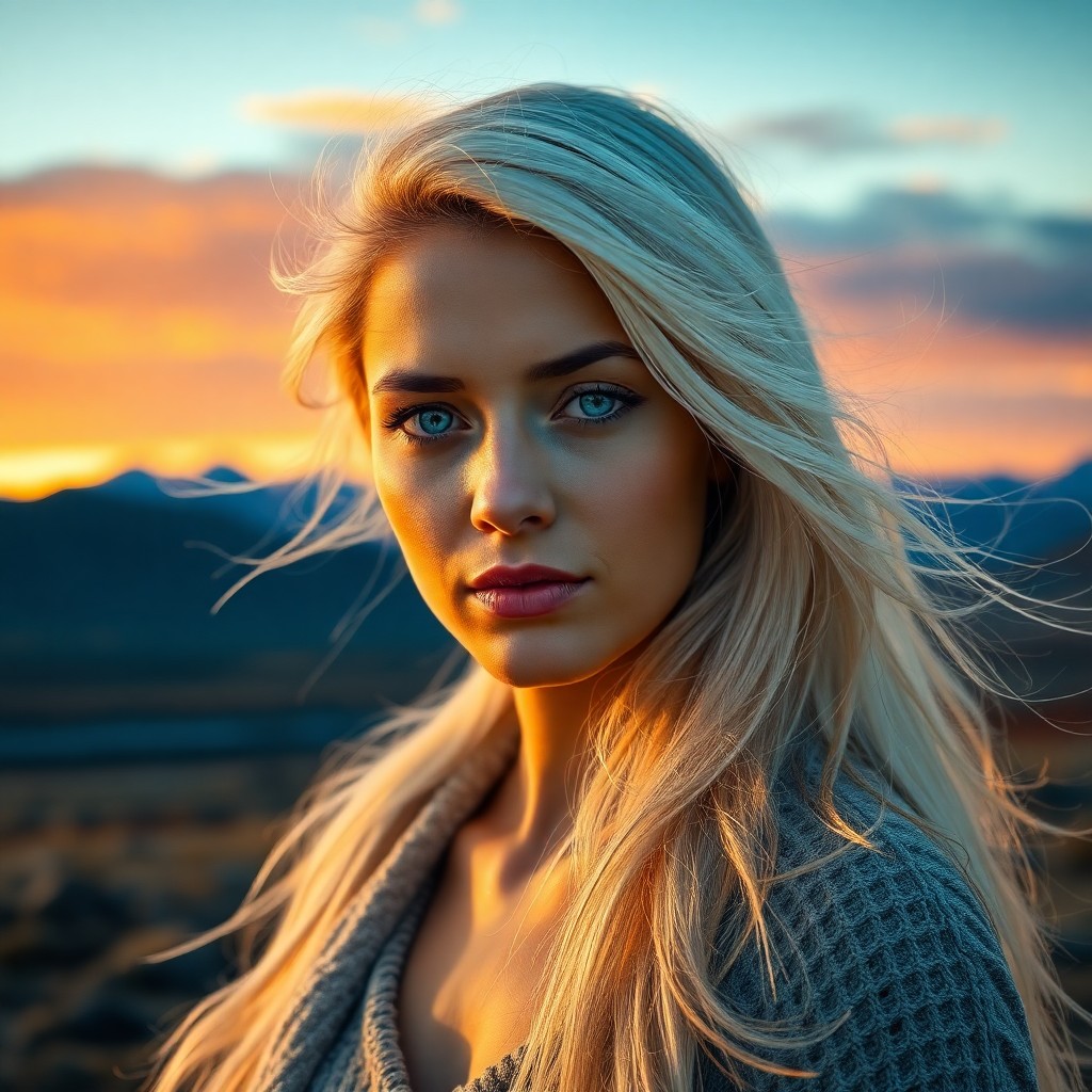 AI generated art for prompt: A Middle Eastern woman with piercing blue eyes and flowing platinum hair stands amidst a serene Icel