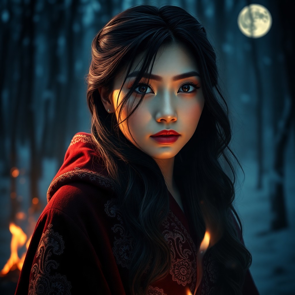 AI generated art for prompt: Photorealistic portrait of an East Asian woman with captivating sapphire eyes and cascading raven ha