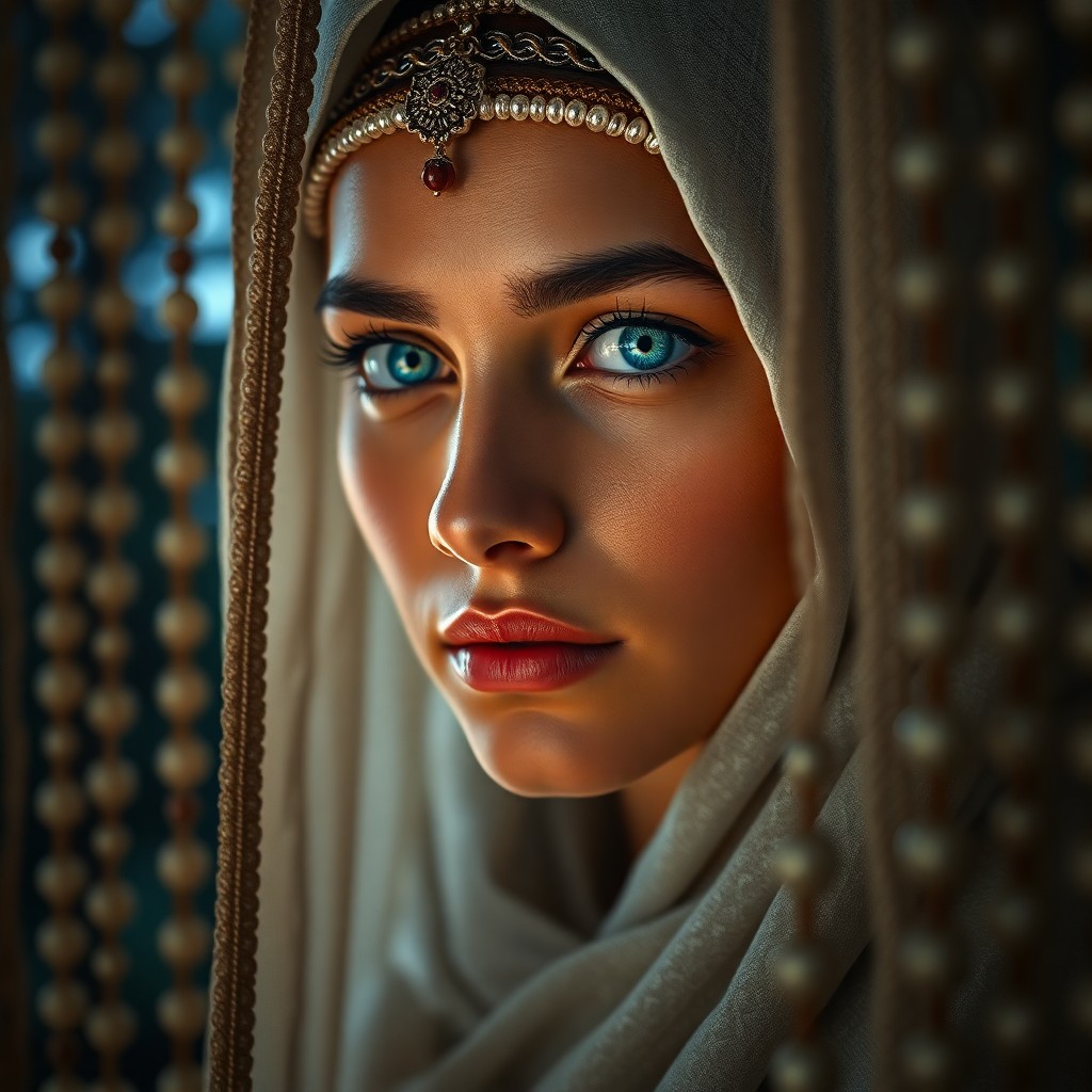 AI generated art for prompt: Craft a photorealistic portrait of a Middle Eastern seer with piercing blue eyes and distinctive fea