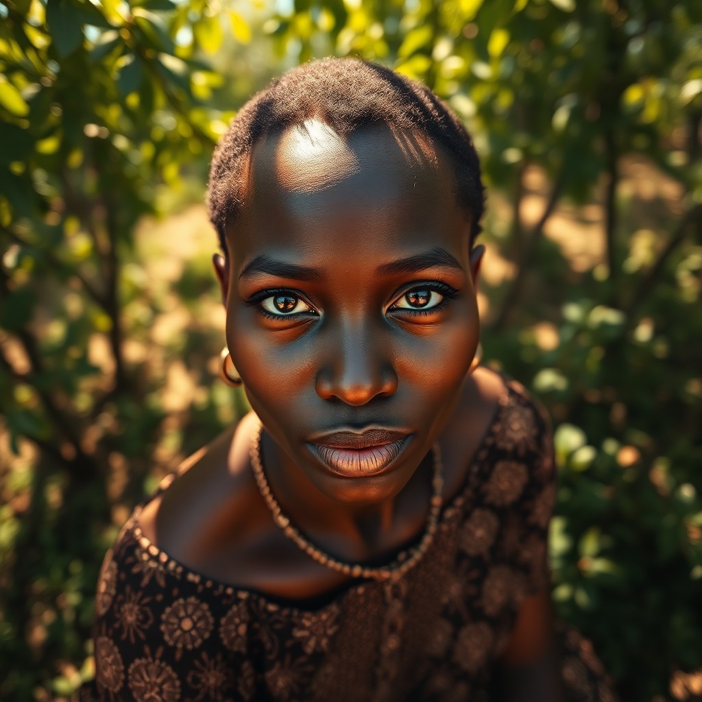 AI generated art for prompt: A portrait photograph showcases an African woman's intense gaze, her rich hazelnut skin and almond e