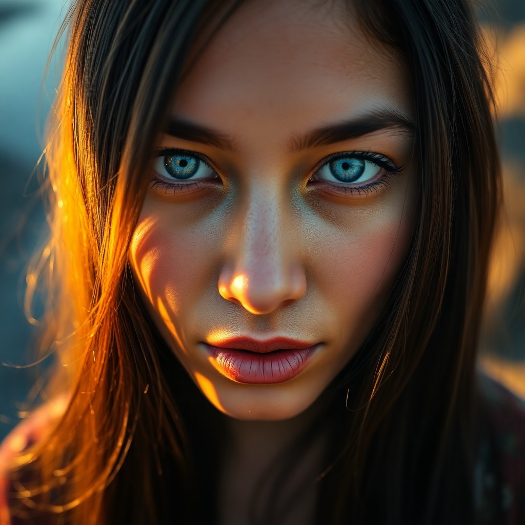 AI generated art for prompt: A photorealistic portrait of a 35-year-old Pacific Islander woman with piercing ice-blue eyes and ca