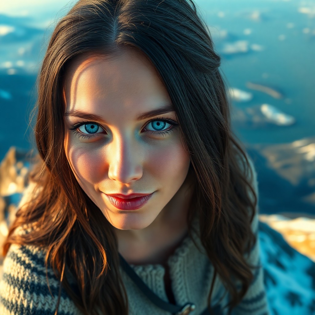 AI generated art for prompt: Craft a hyperrealistic portrait of an enigmatic Nordic woman with piercing blue eyes and raven-black