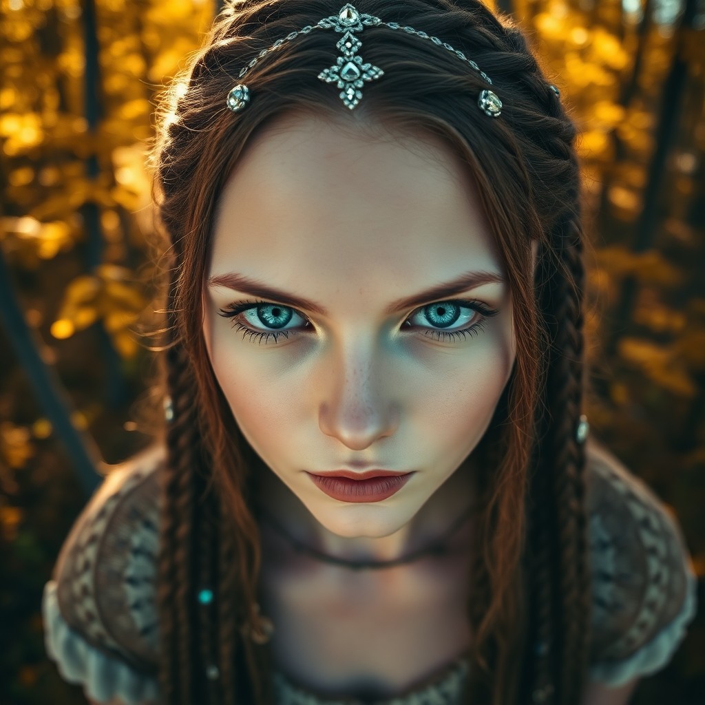 AI generated art for prompt: Envision a captivating portrait photo showcasing a Nordic woman's intense gaze, her piercing blue ey